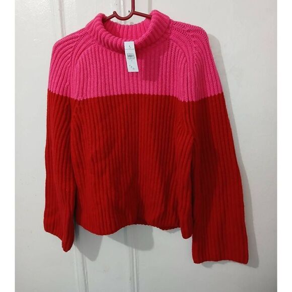 Ann Taylor women medium red pink soft ribbed knit mock neck sweater color block - Picture 3 of 6
